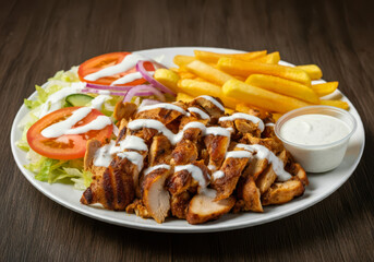 Chicken Shawarma plate with salad, fries served in a dish on grey background arabian fastfood
