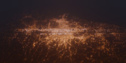 Street lights map of Medan (Indonesia) with tilt-shift effect, view from south. Imitation of macro shot with blurred background. 3d render, selective focus