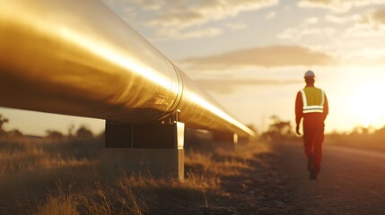 Engineer walking alongside an oil pipeline – Representing industrial infrastructure, energy sectors, and the critical role of engineering in resource management