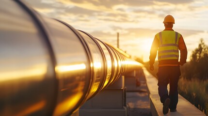 Engineer walking alongside an oil pipeline – Representing industrial infrastructure, energy sectors, and the critical role of engineering in resource management