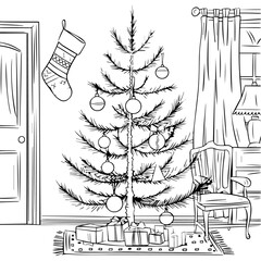 Christmas tree in a room vector illustration