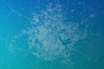 Map of the streets of Bangalore (India) made with white lines on greenish blue gradient background. 3d render, illustration