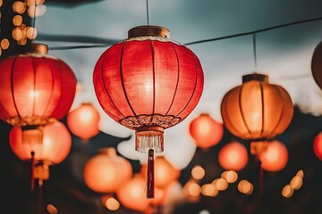 Red and Gold Lanterns in a Busy Evening Scene