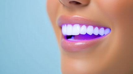 Fototapeta premium Bright white teeth are illuminated by blue light during dental treatment, showcasing modern approach to oral care and aesthetics