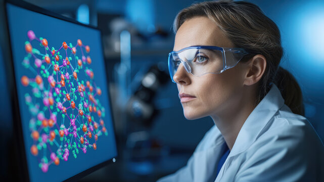 female scientist in lab coat and goggles analyzes colorful molecular structures on computer screen, showcasing her dedication to research and discovery