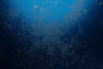 Street map of Amman (Jordan) engraved on blue metal background. View with light coming from top. 3d render, illustration