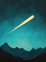 Naklejka premium A vibrant night sky features a bright comet streaking across the blue backdrop, with silhouette mountains framing the scene.