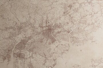 Obraz premium Map of Okayama (Japan) on an old vintage sheet of paper. Retro style grunge paper with light coming from right. 3d render