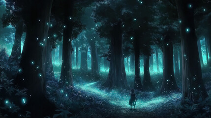 Anime-Style Of Mystical Forest At Twilight With Trees Glowing In Shades Of Turquoise And Lavender