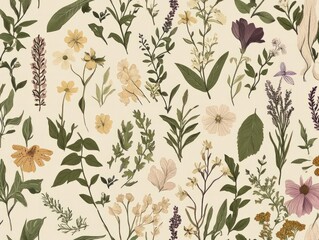 A detailed botanical seamless pattern with hand-drawn flowers, herbs, and medicinal plants, in soft earthy tones, offering a natural, organic feel perfect for eco-conscious packaging or home decor