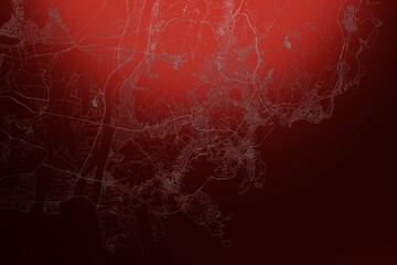Street map of Busan (South Korea) engraved on red metal background. Light is coming from top. 3d render, illustration