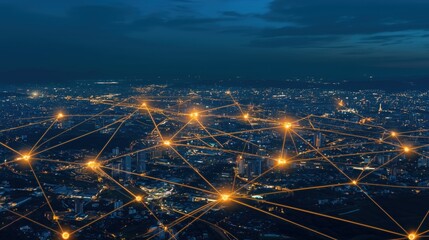 Aerial view highlights bright connections of buildings, cars, and streetlights in a smart city at night. Generative AI