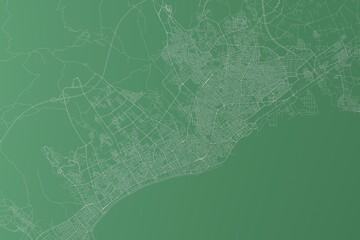 Stylized map of the streets of Mersin (Turkey) made with white lines on green background. Top view. 3d render, illustration