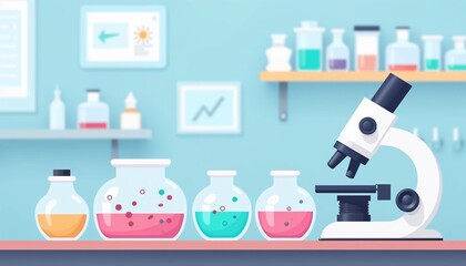 Flat Illustration of Microscope and Petri Dishes on Lab Table
