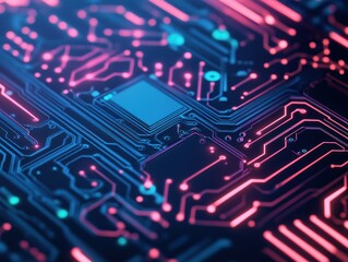 Obraz premium A vibrant close-up of a circuit board, featuring intricate patterns and glowing connections in shades of blue and pink, showcasing modern technology.