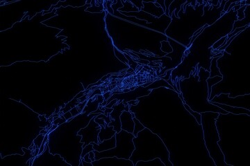 Street map of Andorra la Vella (Andorra) made with blue illumination and glow effect. Top view on roads network