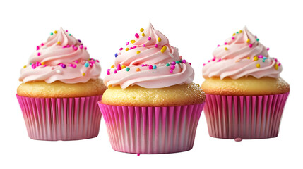 Three cupcakes with pink frosting and sprinkles on a white background