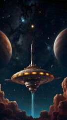 Naklejka premium A sleek alien spaceship soars over Earth, highlighting the planet's beauty from a cosmic perspective