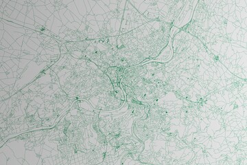 Map of the streets of Liege (Belgium) made with green lines on white paper. 3d render, illustration