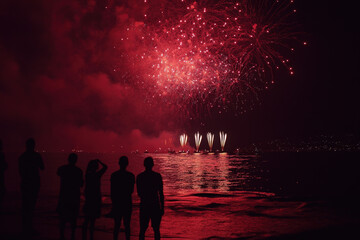 Fototapeta premium Fireworks Over Coastal Town at Sunset