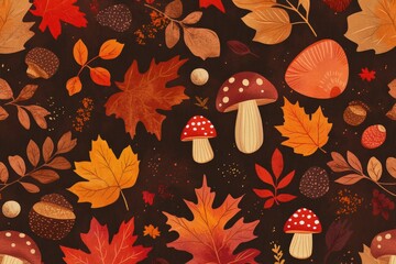 A seamless autumn nature pattern with falling leaves, acorns, and mushrooms in warm reds, oranges, and browns, perfect for creating cozy fall-themed textiles or wrapping paper
