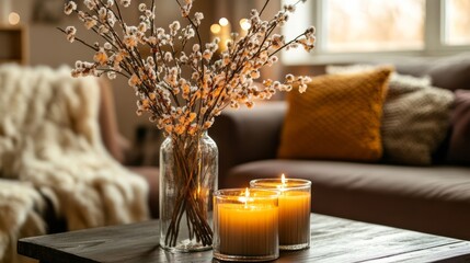 Burning Candles and Flower Arrangement on a Wooden Table