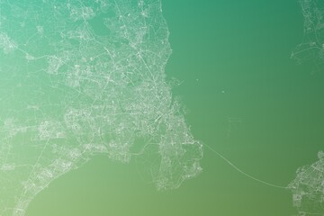 Map of the streets of Copenhagen (Denmark) made with white lines on yellowish green gradient background. Top view. 3d render, illustration