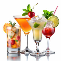 A set of colorful cocktails displayed at a restaurant bar