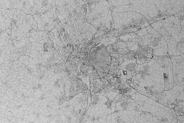 Naklejka premium Map of the streets of Lyon (France) made with black lines on grey paper. Top view. 3d render, illustration