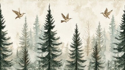 Obraz premium A seamless forest-themed pattern featuring tall pine trees, birds, and woodland animals