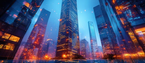 Tall skyscrapers at dusk with glowing lights and reflections in the city.