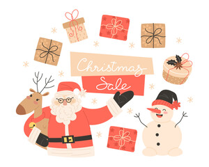 Christmas sale banner with Santa Claus hugging a reindeer, snowman, and gift boxes