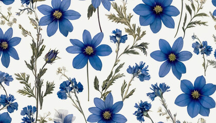 Artistic botanical pattern with simple blue flowers and leaves, branches on white background. Template for fabric, design.