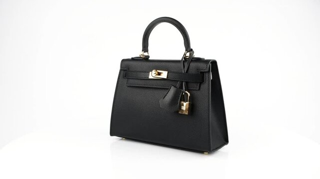 Video in 4K resolution. Seamless 360&deg; rotation of black leather bag isolated on white background.
