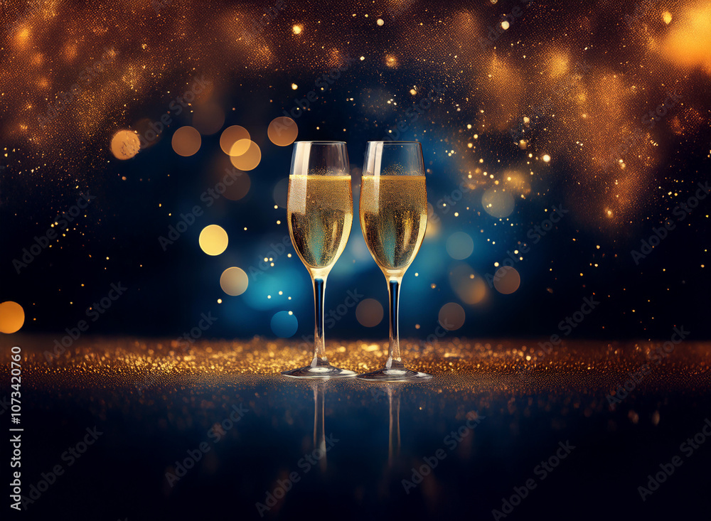 Poster Two champagne flutes filled with sparkling wine stand on a golden surface against a dark blue background with bokeh lights.