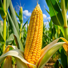 A fresh, golden corn stalk, featuring green husks