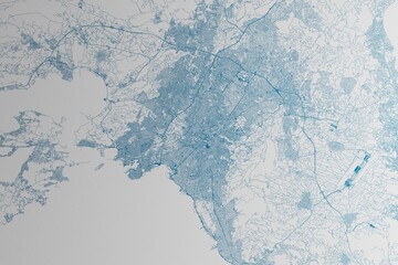 Map of the streets of Athens (Greece) made with blue lines on white paper. 3d render, illustration