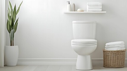 Fototapeta premium A modern bathroom featuring a clean white toilet, a decorative plant, a shelf with toiletries, and neatly folded towels in a basket.