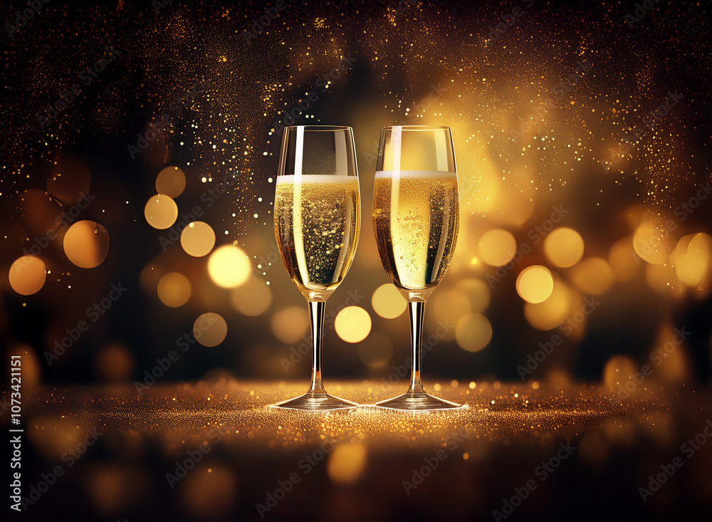 Poster Two champagne flutes filled with bubbly rest on a sparkling surface with warm bokeh lights in the background.