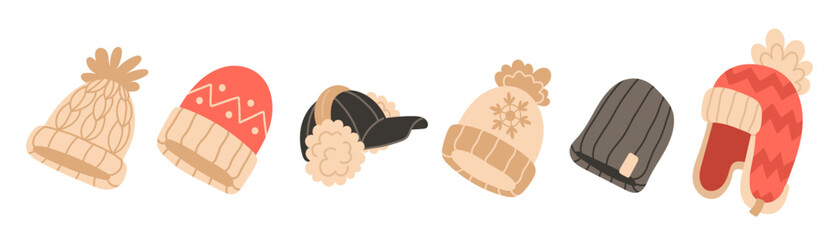 Set of warm winter hats in various designs