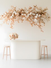 Small blank sign on top of a curved bar stand at a minimalist setting – Ideal for showcasing custom signage, modern decor, and sleek design