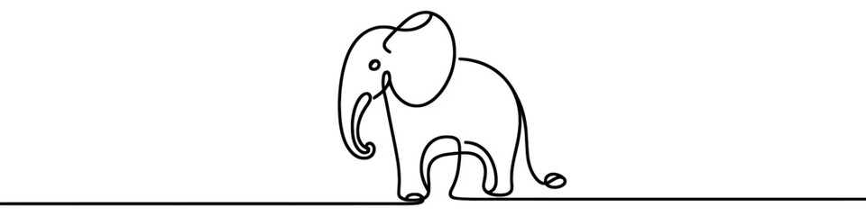 One continuous line illustration of an elephant, isolated on white background. Line art of elephant