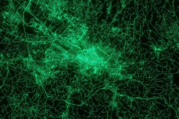 Fototapeta premium Map of the streets of Florence (Italy) made with green illumination and glow effect. Top view on roads network. 3d render, illustration