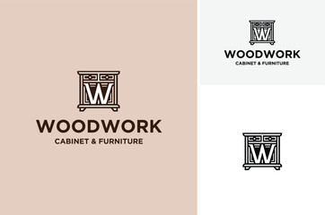 Wooden Cupboard Sideboard Cabinet with Letter W for Wood Work Home Furniture Logo Design