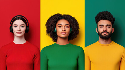 Fototapeta premium Three individuals wearing headphones, each in bold colors: red, green, and yellow, portraying a vibrant and youthful vibe.