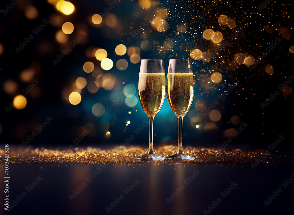 Poster Two champagne flutes filled with sparkling wine sit on a table with gold glitter against a bokeh background.