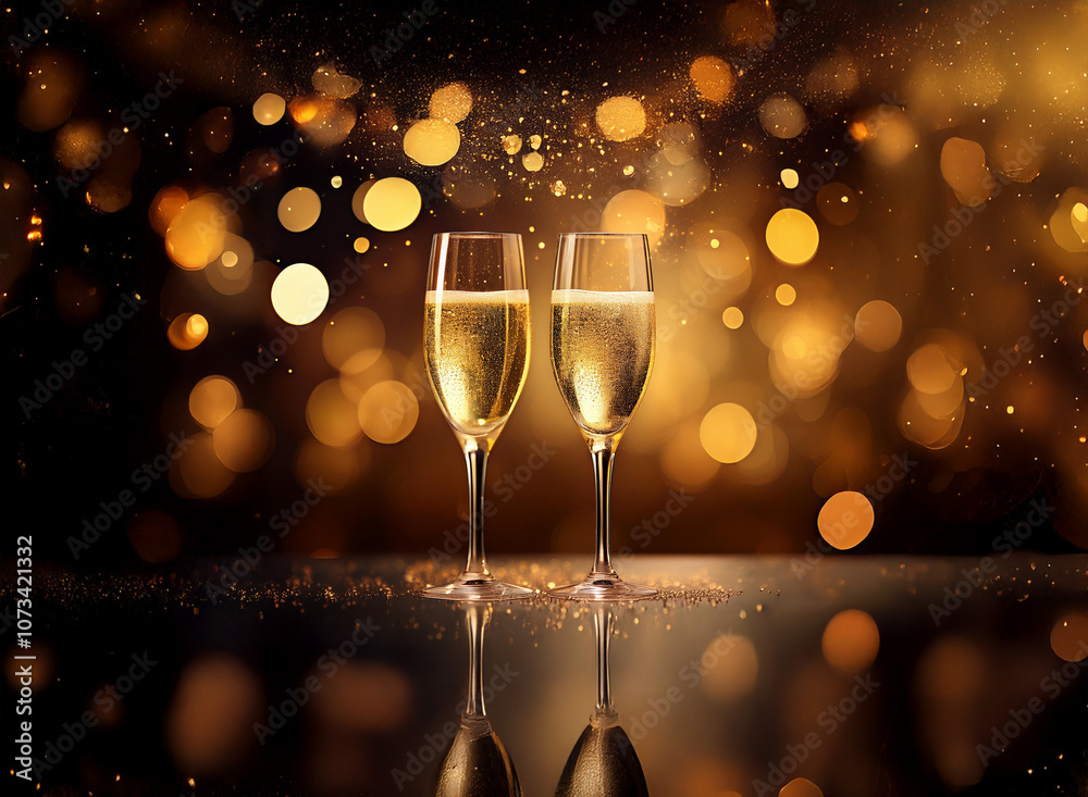 Poster Two champagne flutes filled with sparkling wine rest on a reflective surface against a bokeh background.