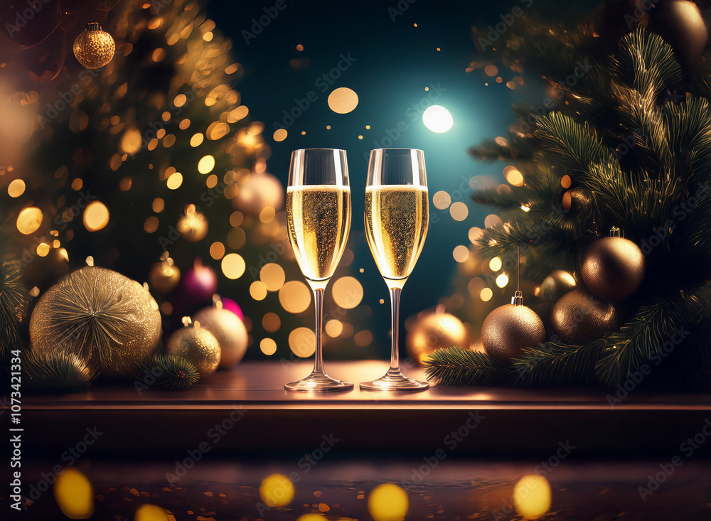 Poster Two champagne flutes filled with sparkling wine sit on a table with festive Christmas tree branches and ornaments in the background.