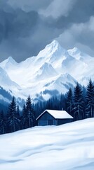 Fototapeta premium A serene winter landscape featuring a small cabin surrounded by snow-covered mountains and evergreen trees under a cloudy sky.