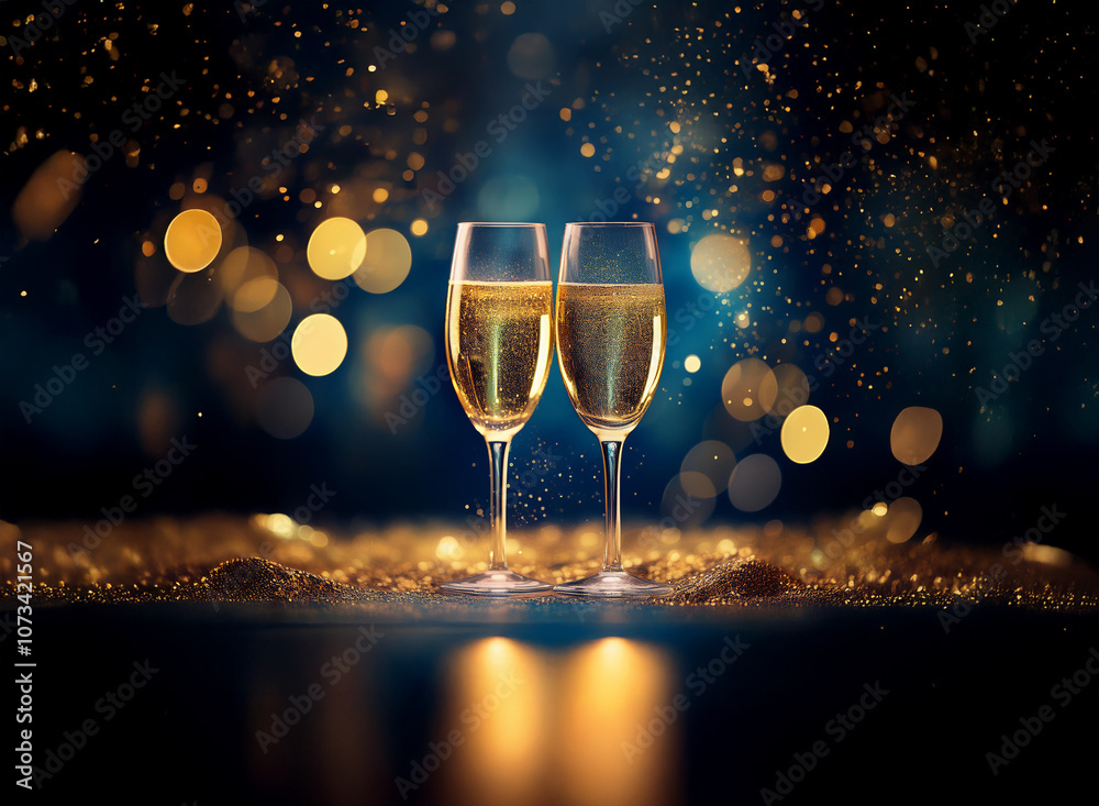 Poster two champagne flutes filled to the brim stand on a surface covered with glitter. the background is a